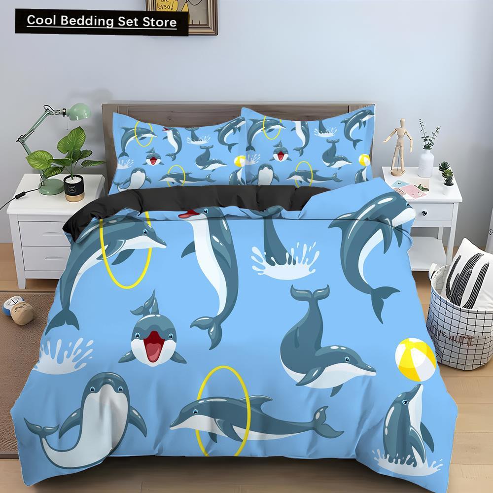 Bule Dolphin Whale King Queen Duvet Cover Underwater World Bedding Set Cartoon Sea Animal Comforter Cover Polyester Quilt Cover