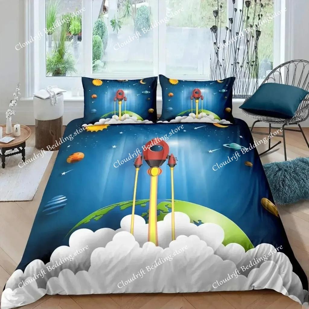 Комплект постельного белья «Ракета» King Size, комплект постельного белья «Космический корабль», микрофибра, космический корабль, звезды, планета, мультяшный стиль, пододеяльник