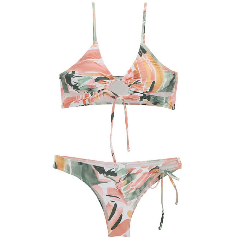 Bikini swimsuit women's ink painting colorful printing pattern lace-up three-point sexy split hot spring swimsuit