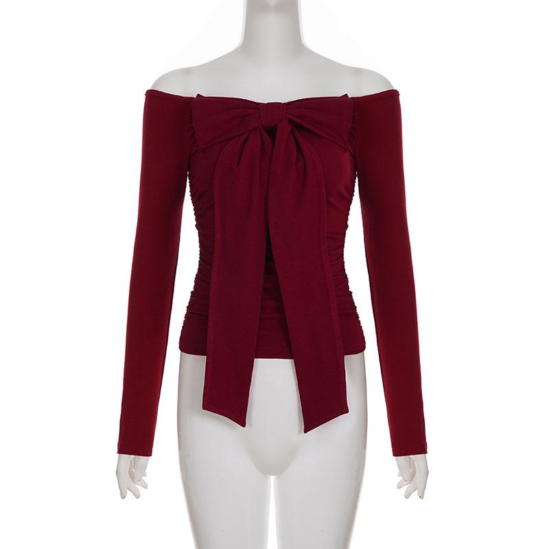 Korean Style Off-the-Shoulder Ruched Bow Top for Autumn/Winter: Trendy Slim Fit Christmas T-Shirt