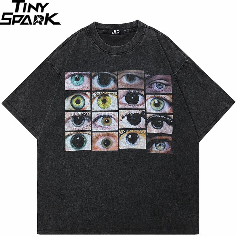 Hip Hop 2025 Washed Black T-Shirt Streetwear Graphic Eyes World T Shirt Cotton Hipster Men Tshirt Harajuku Tops Tees Unisex Y2K