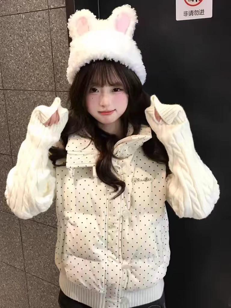 White polka dot knitted splicing stand-up collar down cotton-padded jacket for women's winter thickened small padded jacket