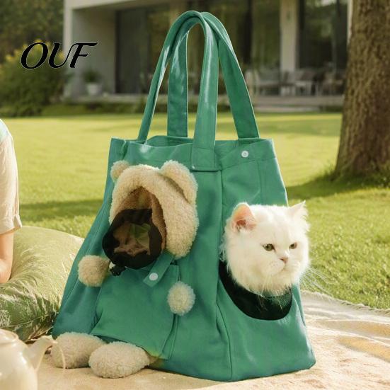 Small Animal Travel Carrier Canvas Cat Purse, Front & Side Head Hole, Plush Bear Puppy Outdoor Pet Carrying Purse Tote, Portable Shoulder Bag
