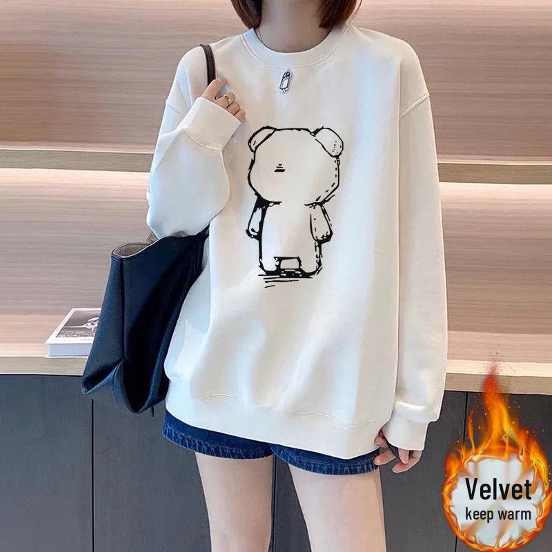 Korean Style Cartoon Jacket: Women's Fleece-Lined Round Neck Pullover Sweatshirt, 2025 Spring/Autumn Collection.