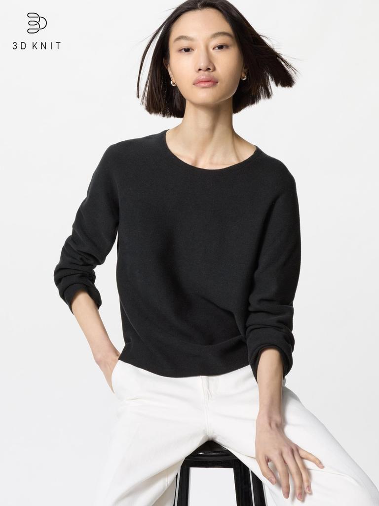 Uniqlo 3D вязаный хлопковый свитер с круглым вырезом и длинным рукавом 