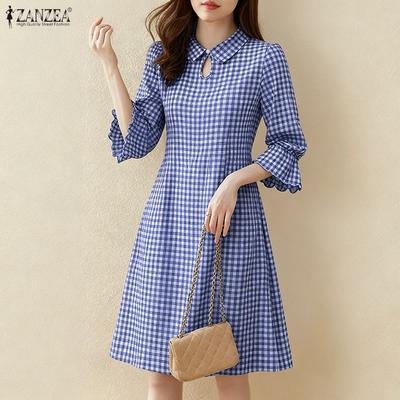 Женское повседневное платье А-силуэта с отложным воротником и рукавами 3/4 в клетку