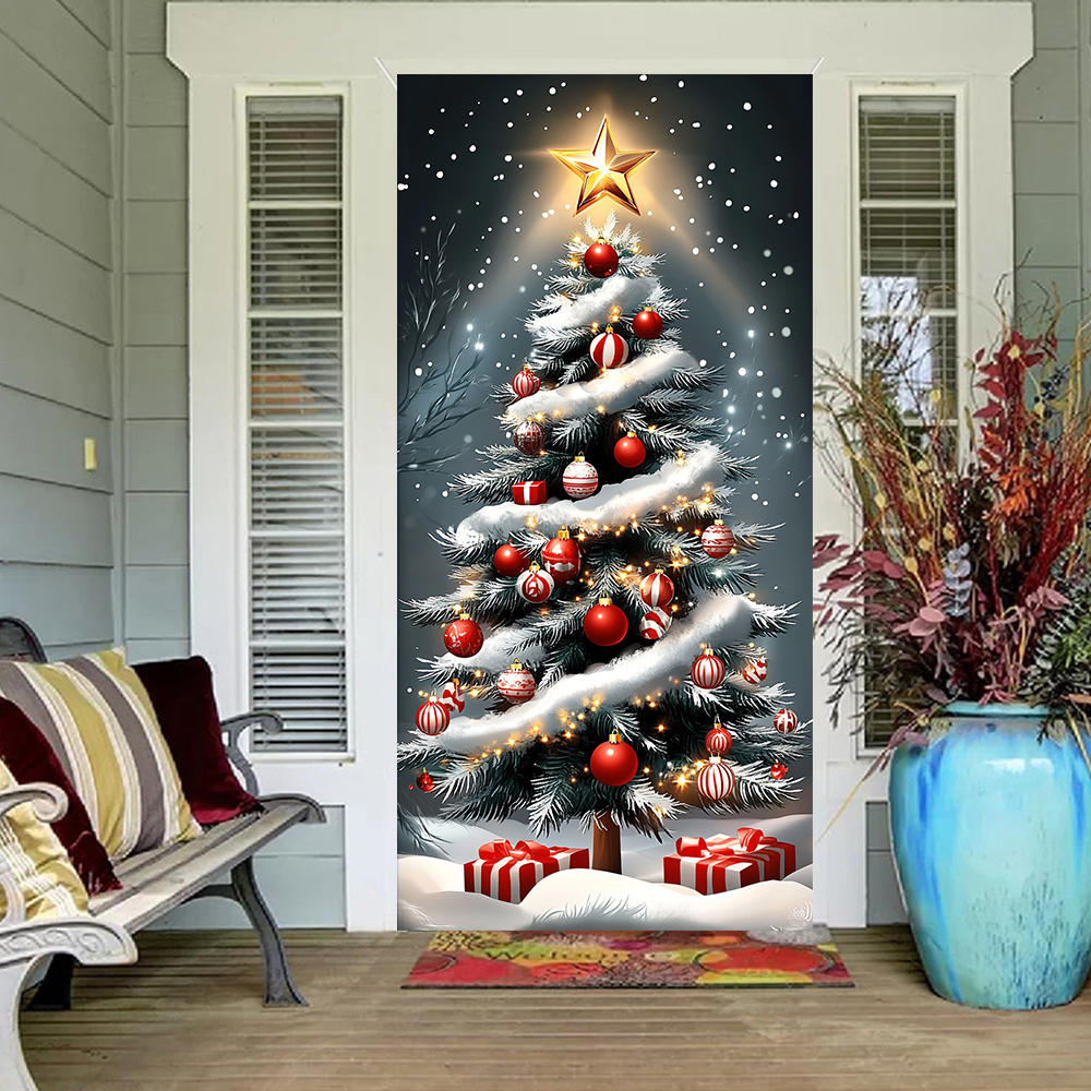 Christmas Tree Pattern Decoration 180x90cm 2025 Christmas Door Cover Banner Party Background Outdoor Porch Sign Can Customized