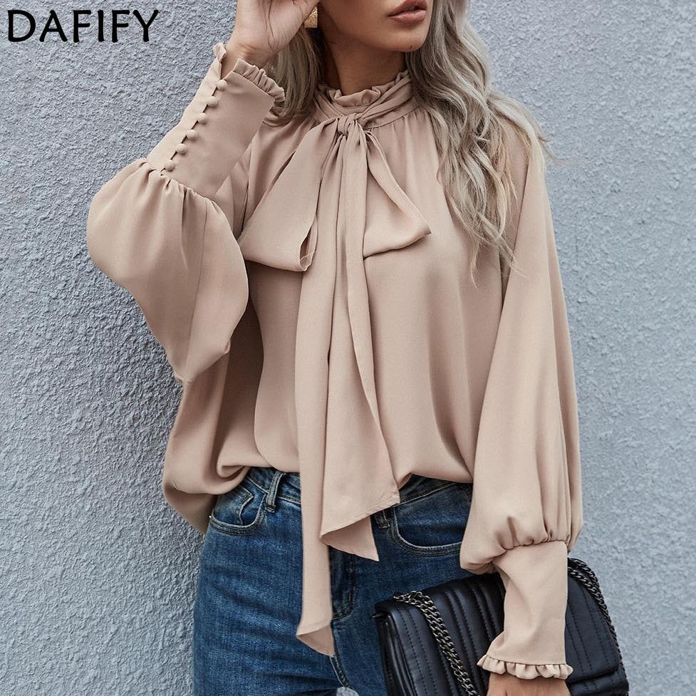 DAFIFY Women's Fashion Casual Spring Autumn Solid Color Print Long Sleeve Half Turtleneck Blouses & Shirts
