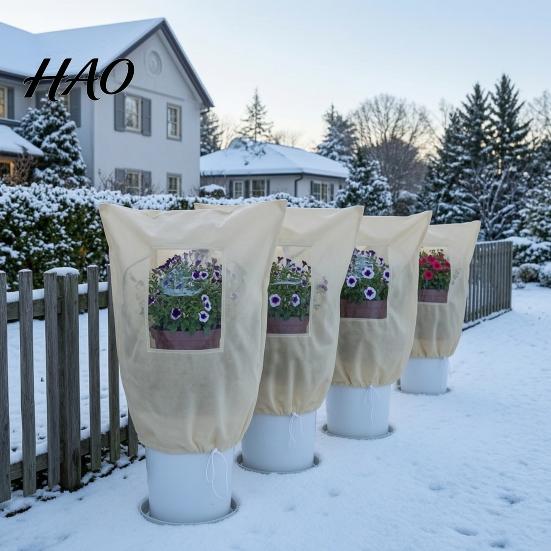 Drawstring Frost Guard for Potted Shrubs Plant Protection Cover with Viewing Window, Extra Thick Non-woven Winter Breathable Fabric Blanket, Wind And
