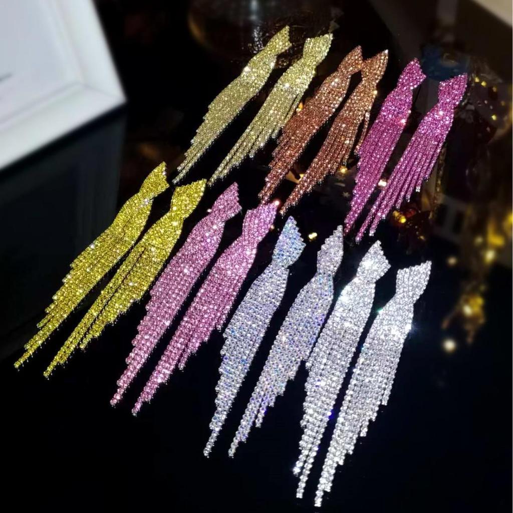 European & American Style Full Diamond Long Tassel Earrings for Women