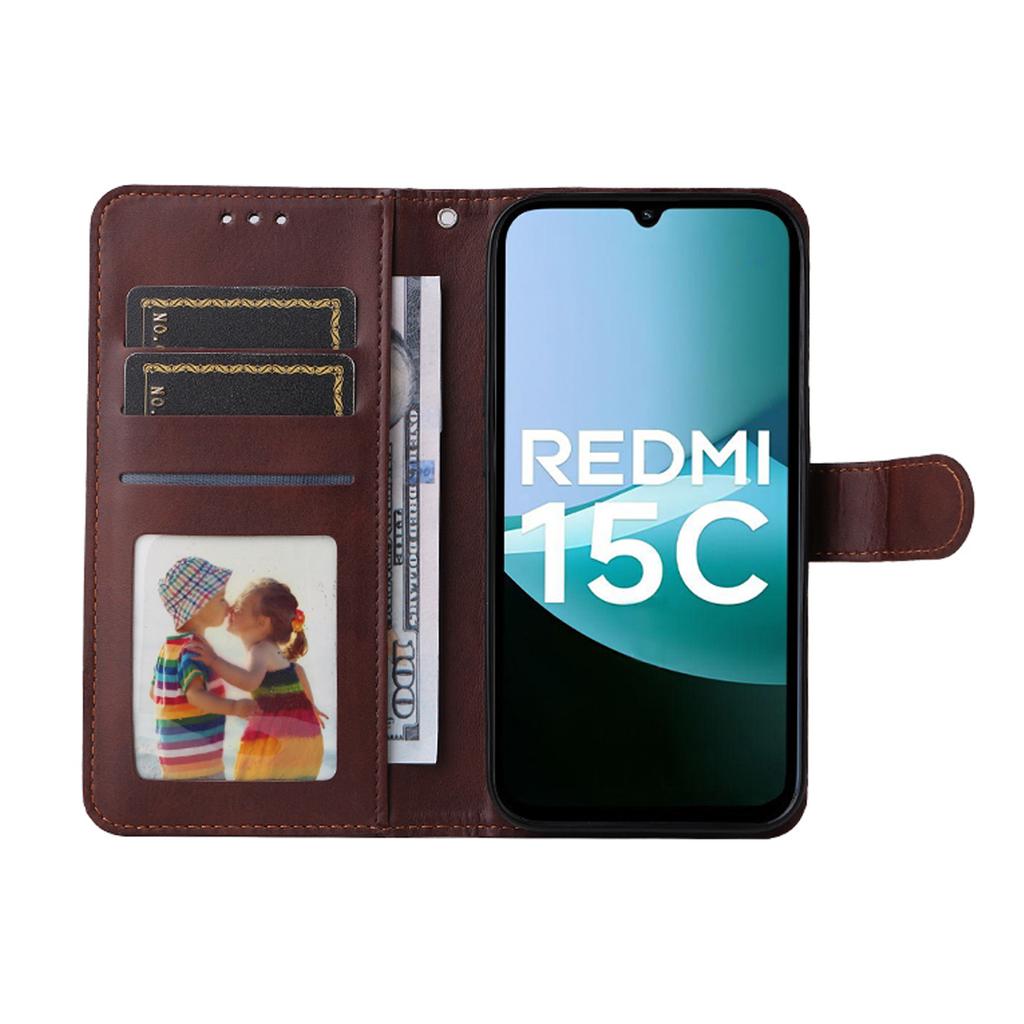 For Xiaomi 15C 4G (Global) (171mm)/Poco C85 4G PU Leather Wallet Case Phone Stand Cover with Tempered Glass