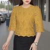 Women Casual Round Neck 3/4 Sleeve Patchwork Lace Blouse