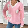 Women's Fashion Casual Fall Winter Flower Pattern Print Long Sleeve V-Neck Sweaters