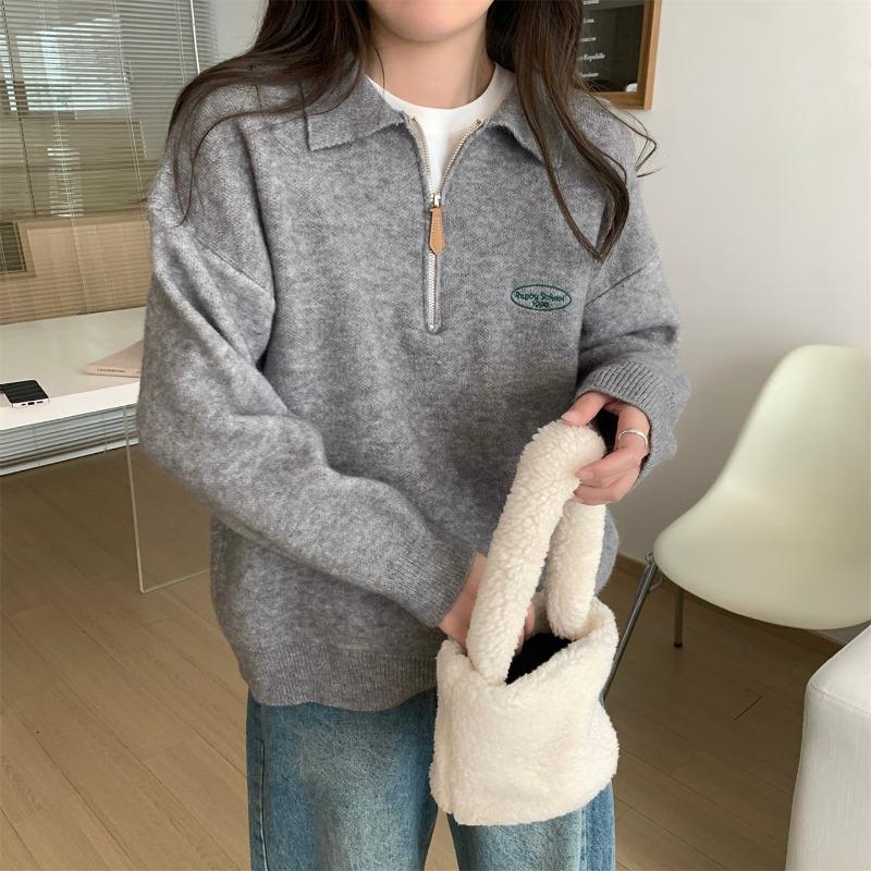 Мягкий восковой топ в стиле колледжа с воротником поло, женский осенне-зимний новый верх с длинными рукавами на молнии, вязаный свитер