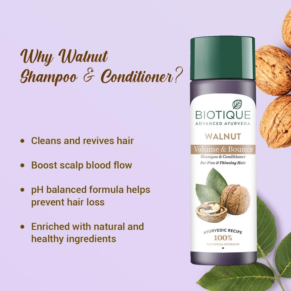 Biotique Шампунь и кондиционер с грецким орехом 120 мл для тонких волос, для объема и роста, 100% натуральные растительные экстракты