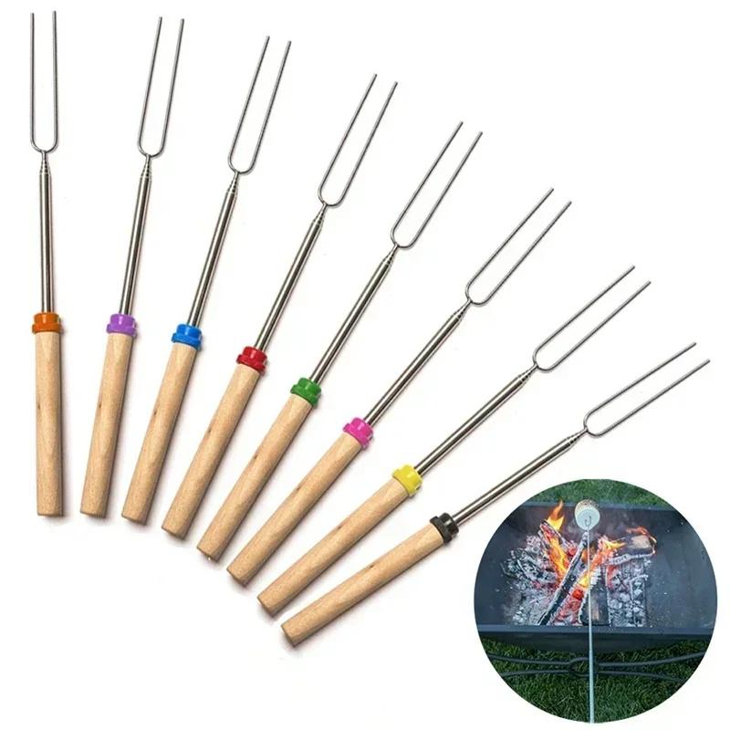 Kitchen Household Stainless Steel Grill Skewers Barbecue Hot Dog Fork Extension-type Roasting Tool Telescopic BBQ Fork Supplies