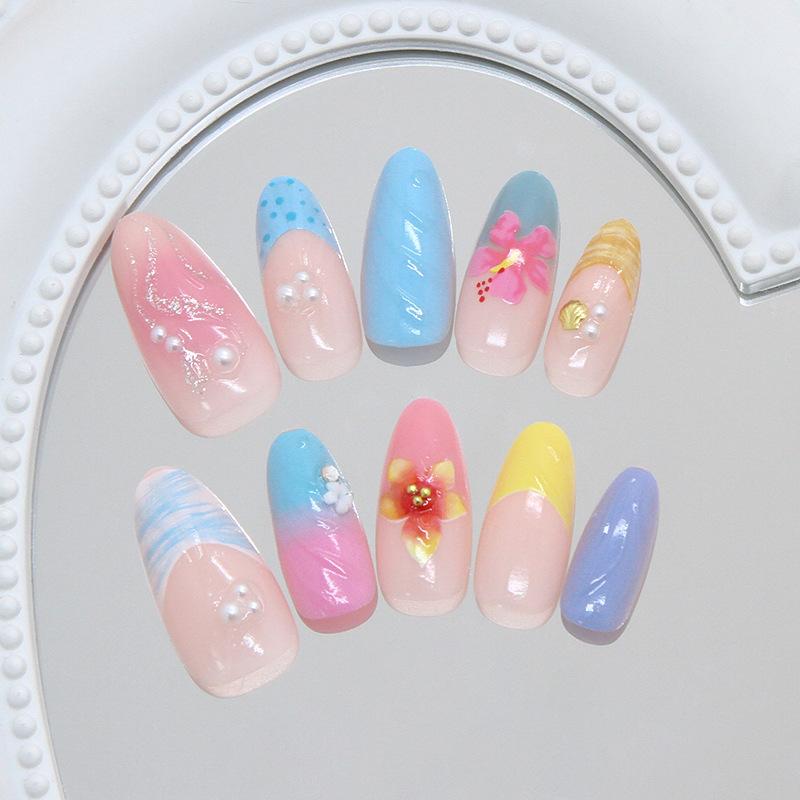 Three-dimensional polka dot French blush line pearl flower shell ins wind removable nail art piece 30 pieces