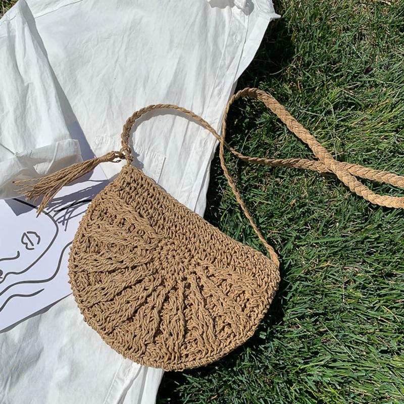 Yogodlns Тканые сумки через плечо в форме полумесяца, богемная соломенная сумка на плечо ручной работы, кошелек