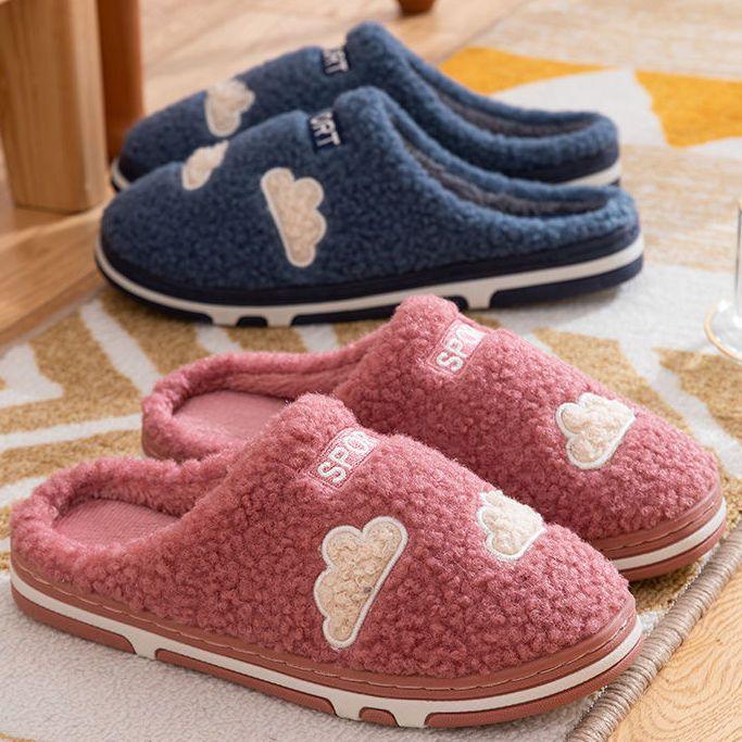 Men's Cotton Slippers Winter Plus Velvet Couple Indoor Non-slip Home Warm Plush Slippers Women's Thick-soled Slippers