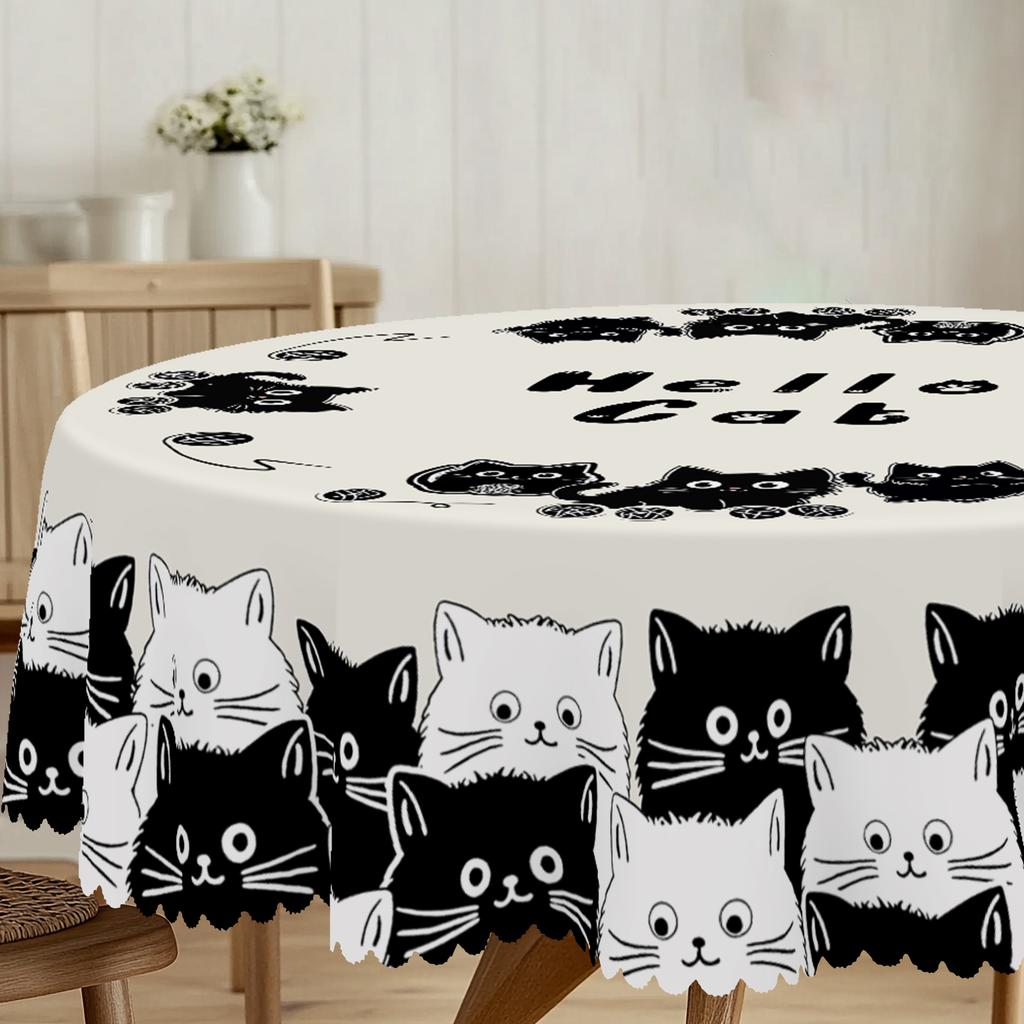 1 Piece Black And White Cat Pattern Tablecloth, Cute Cat Decoration Party Supplies Polyester Machine Washable Tablecloth With Lace, Suitable For Party