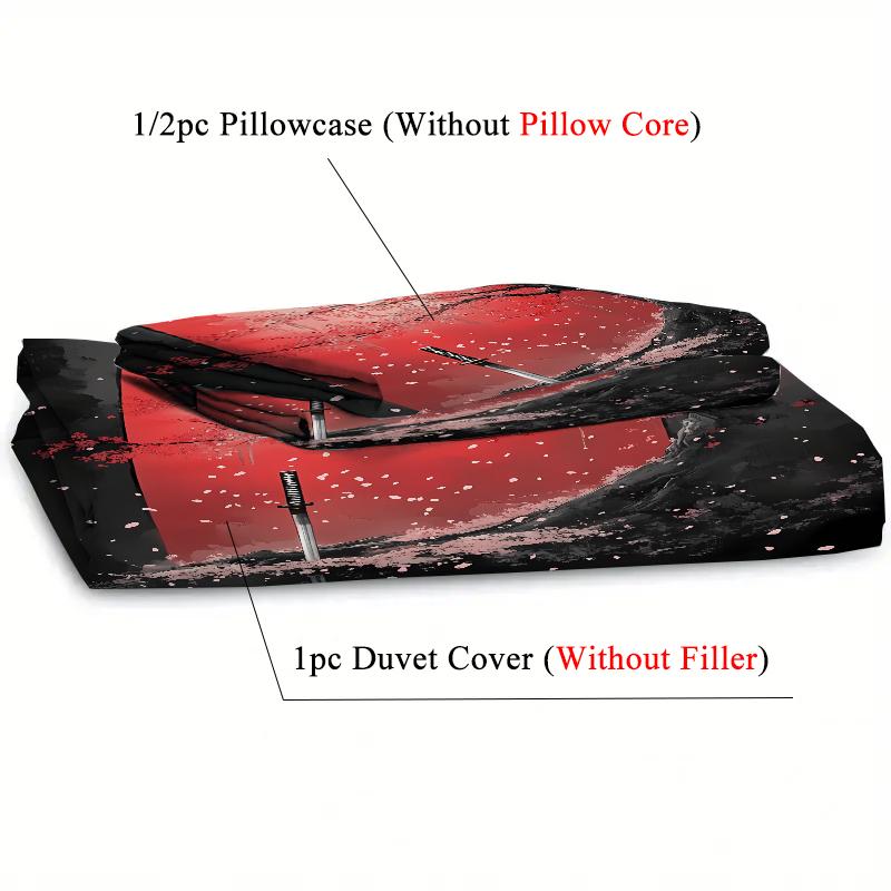 Японский стиль Черно-белый стиль туши Самурайский меч Красная сакура 3D-печать Набор пододеяльника Элегантное постельное белье с сакурой Наволочка
