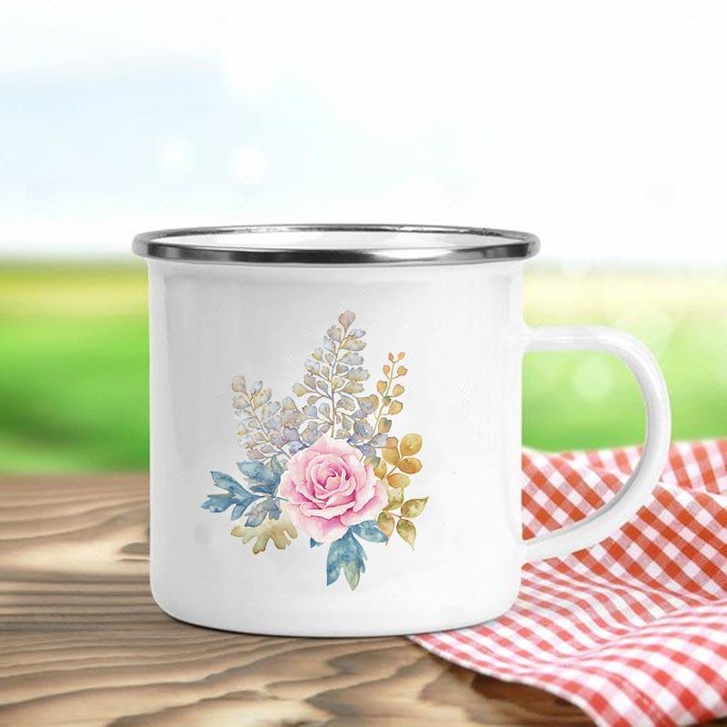 Цветочный принт ретро эмалированные кружки креативные кофейные чашки летние напитки для пикника на свежем воздухе сок молоко походные кружки ручка посуда для питья подарки