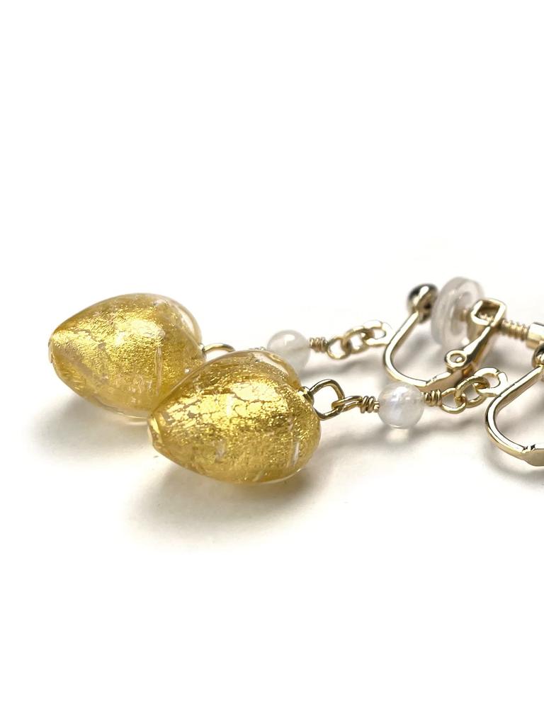 Venetian Glass Heart Gold Foil Moonstone Earrings with Silicone Natural Power Stone A1086 [Cherry] Cover, Stone,