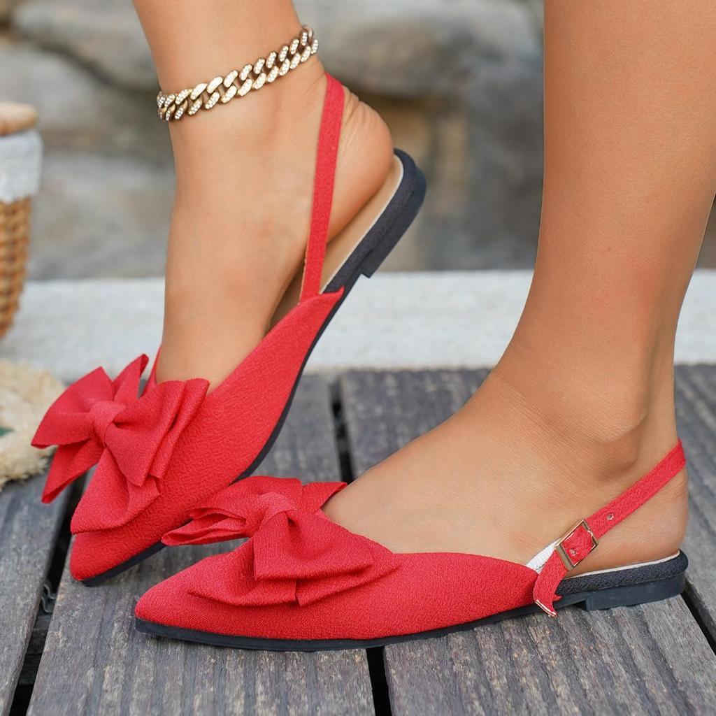 Женские Сандалии Летние Плоские Мюли с Бантом – Острый Носок, Закрытый Носок, Открытая Пятка Большие Размеры