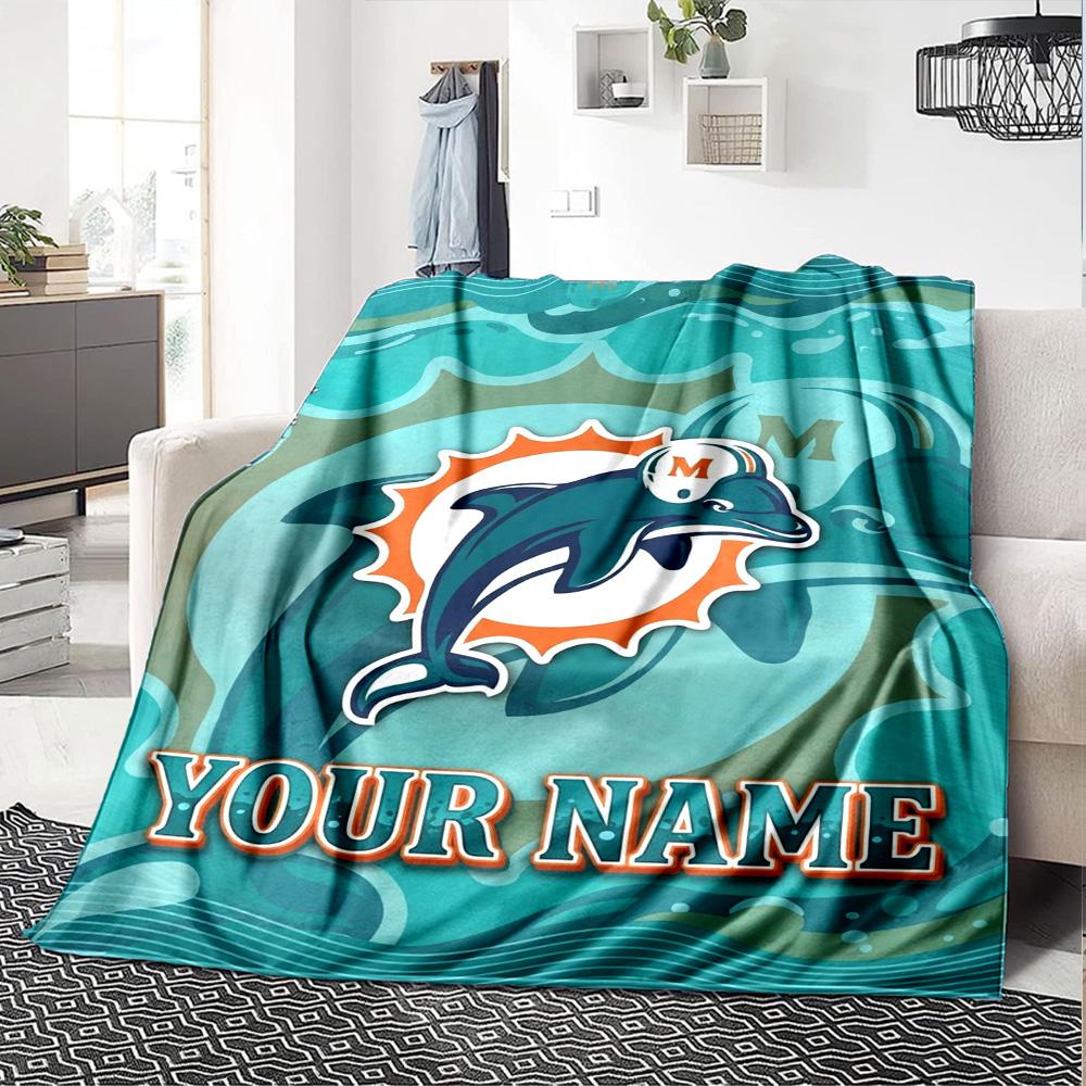 Name Custom Miami Dolphins Logos Print Flannel Blanket High Quality Warm Comfortable Cover for All Seasons Perfect for Gifts Home Decor