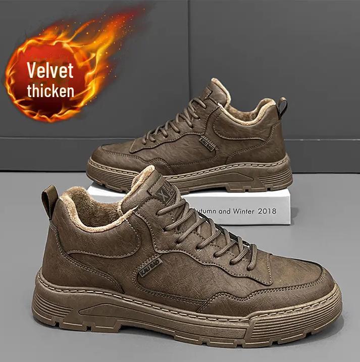 Мужские зимние рабочие ботинки из кожи с бархатной подкладкой - повседневные туфли в стиле ретро с мягкой подошвой и низким верхом в стиле Мартина