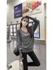 Korean V-Neck White Long Sleeve T-Shirt for Women – Autumn/Winter Relaxed Fit Base Layer with Cinched Waist