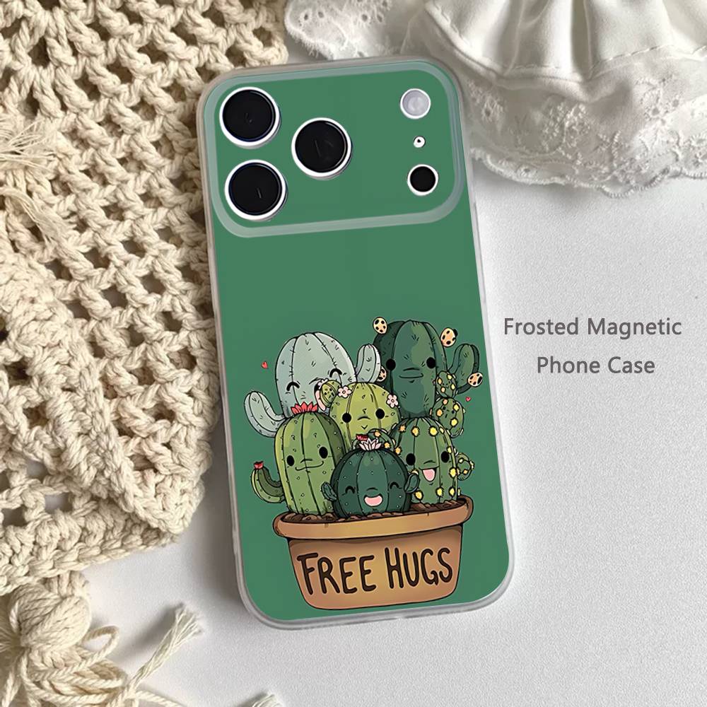 Cartoon Plant Cactus Phone Case For iPhone 14,16,12,17,13,15,11 Max,Pro,Mini,Plus,Air,E Magnetic Frosted Transparent