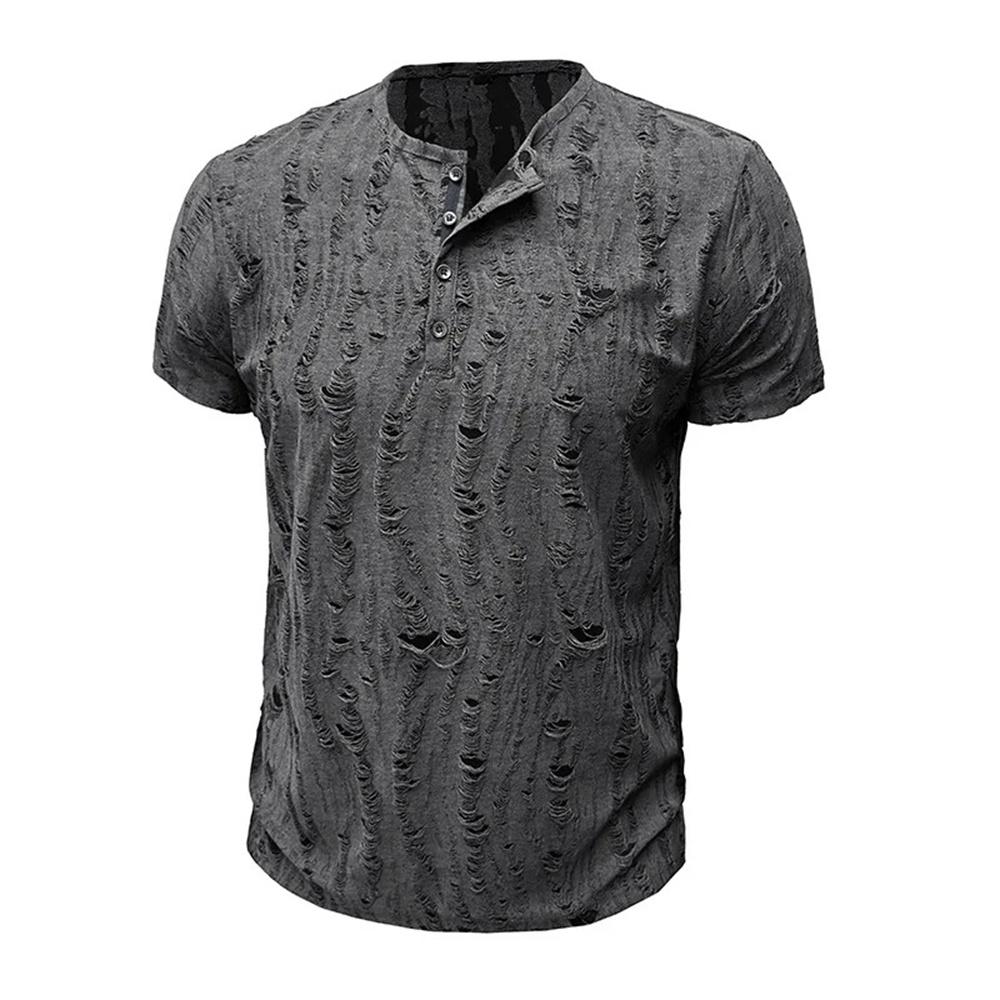 Мужская футболка с коротким рукавом, рваная, ретро, мужская мода, рубашка-henley, мужские повседневные модные топы, приталенный крой