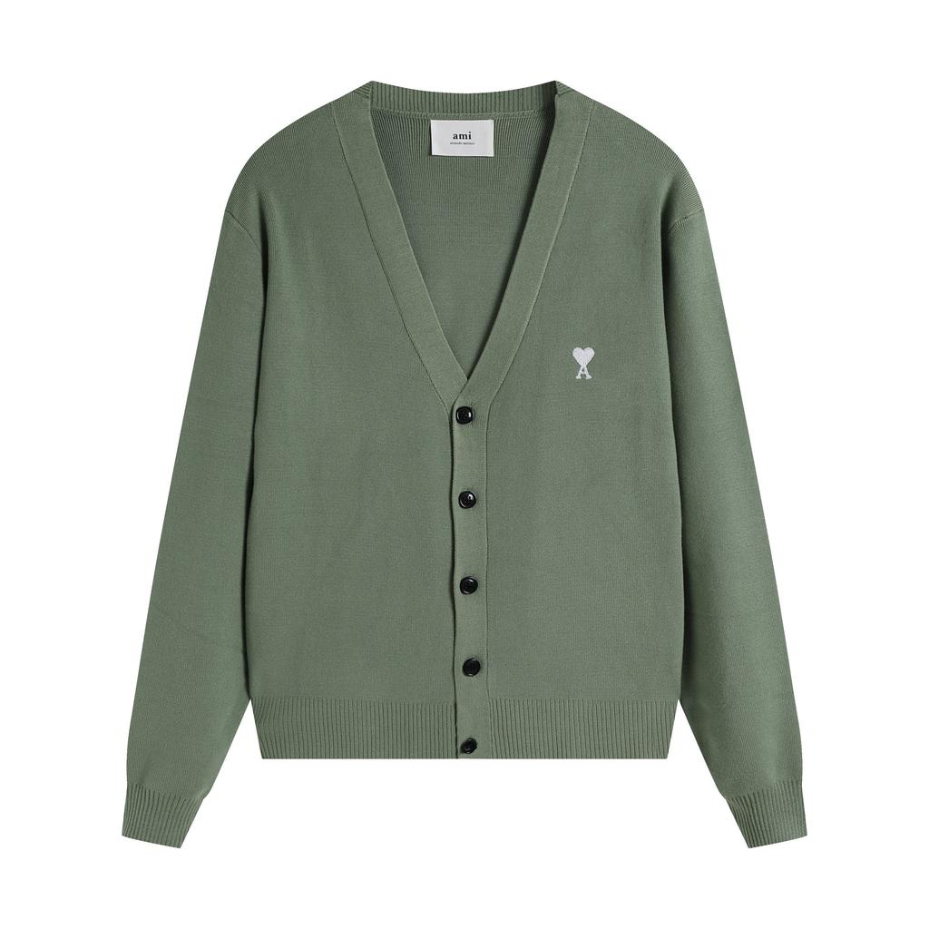 AMI Autumn and Winter New Little White Heart Alpaca Wool Blended Soft and Sticky Knitted Cardigan Round Neck Cloud Sweater Pocket Coat