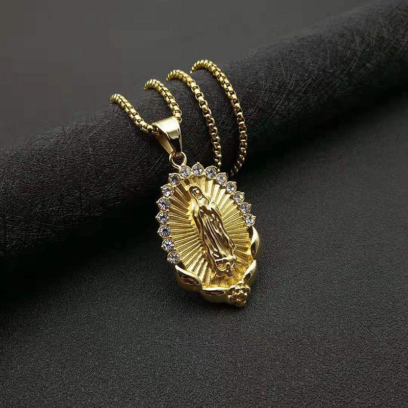 Virgin Mary Stainless Steel Pendant Necklace with Rhinestone for Women Gold Color Our Lady Jewelry Wholesale