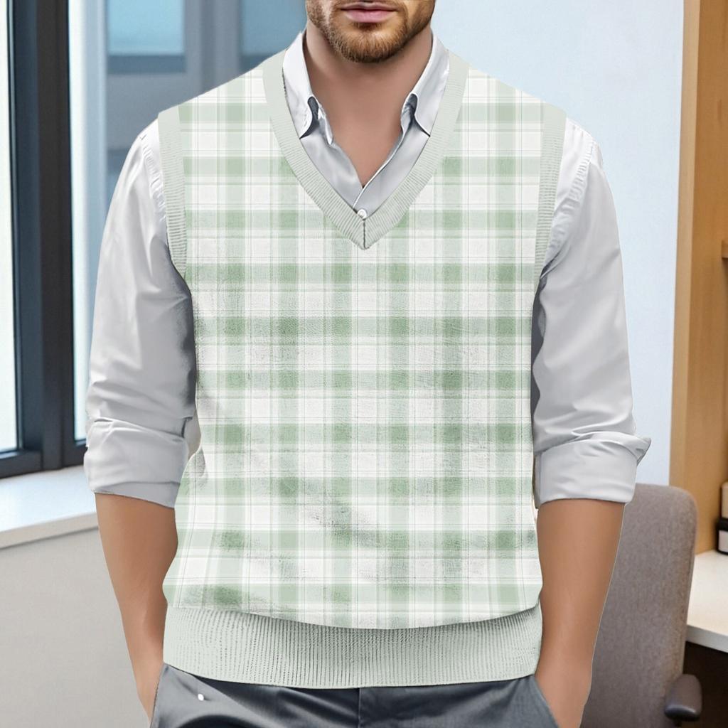 Мужской жилет без рукавов с клетчатым принтом и V-образным вырезом, вязаный джемпер