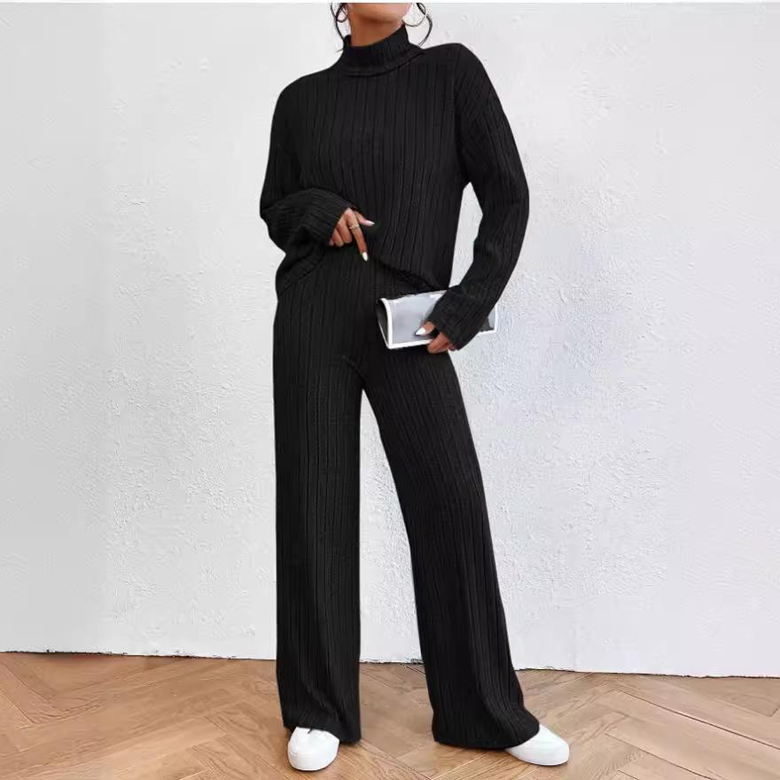 European & American 2023 Autumn/Winter High-Neck Knit Sweater & Loose Trousers Women's Two-Piece Casual Suit