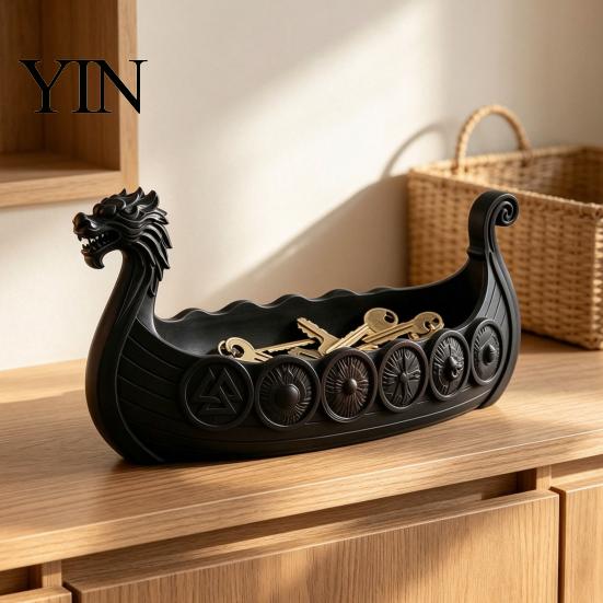 Functional Resin Art Decor Dragon Boat Storage Case, Decorative Space Saving Desktop Small Trinket Dish for Entryway Organizer, Matte Finish Sculpture