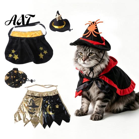 Festive Pet Cloak And Hat Set 1 Halloween Cat Witch Costume, Black Cape Wizard Hat, Moon Adjustable Star Pointed for Cats Small Medium