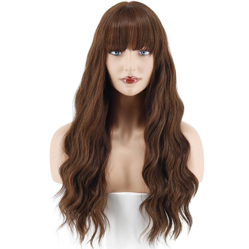 MERISIHAIR Ladies Fashion Long Curly Hair Wig with Bangs Synthetic Fiber Wavy Wig Black Brown Blonde Blue for Women Cosplay Daily Wear