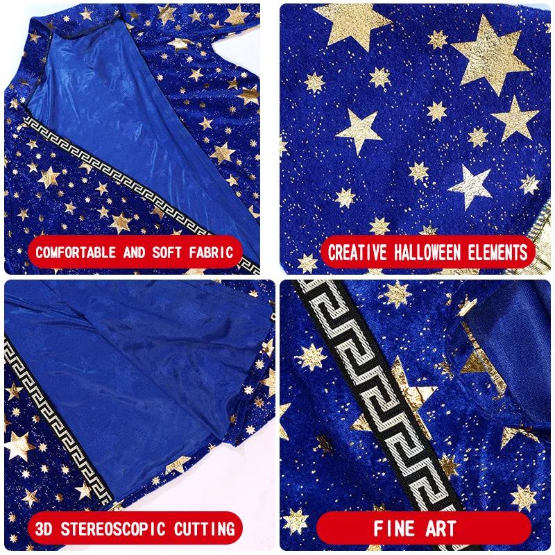 Men Magic Magician Costume with Blue Robe Cloak Hat Star Moon Magician Wizard Cosplay Costume Adult Role Playing Clothing
