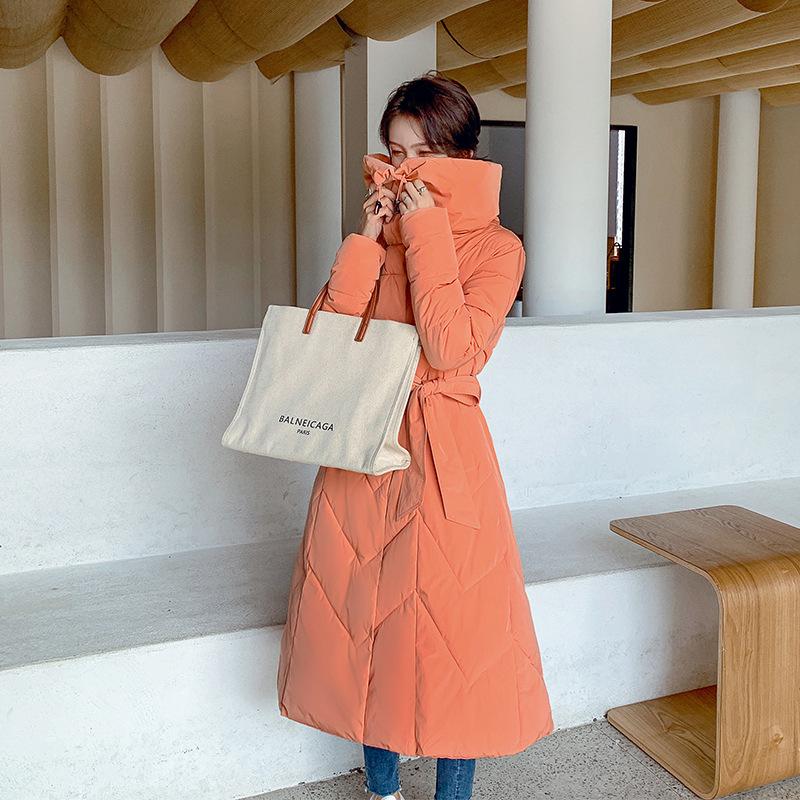 Large lapel cotton-padded clothes female slim and thin over the knee long winter new cotton-padded clothes thickened waist cotton-padded jacket