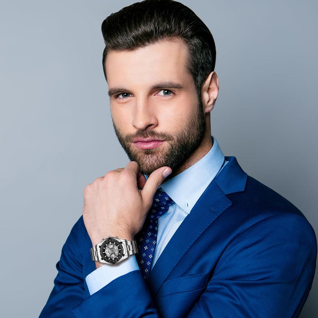 Скелетон Стильные 3ATM Водонепроницаемые Светящиеся Аналоговые Часы Календарь Ремешок Из Нержавеющей Стали Модные Часы Подарок На День Рождения Рождественский День Мужские Часы Мужские