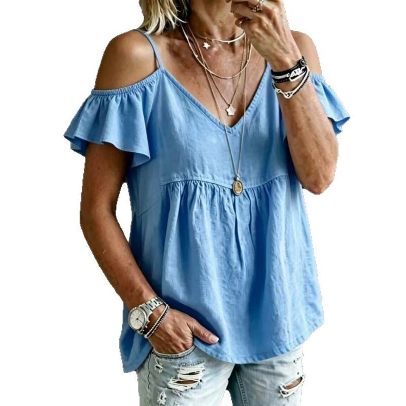 Women Casual Loose Off Shoulder V Neck Ruffle Short Sleeve T Shirt