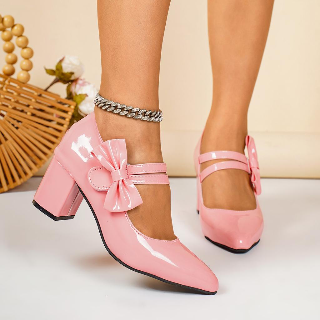 Женские туфли Мэри Джейн из лакированной кожи с бантом и заостренным носом на массивном каблуке Модная обувь для вечеринок
