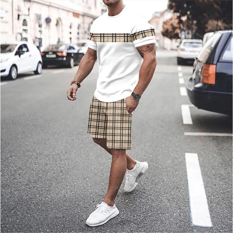 Summer Vocation Men's Tshirt Set 3D Print Solid Color Men Round Neck T-Shirt Shorts Two Piece Set Casual Man Suits Clothing