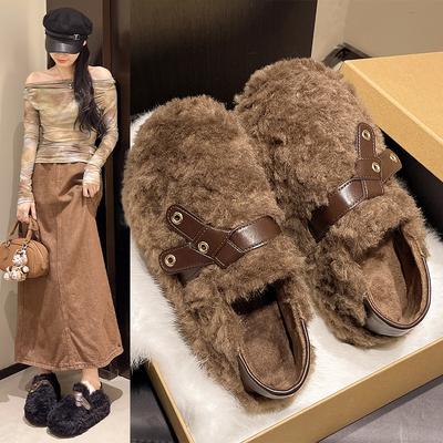 Тапочки из овечьей шерсти на толстой подошве для женской уличной обуви 2025 осень-зима новые однотонные на мягкой подошве противоскользящие теплые хлопковые тапочки