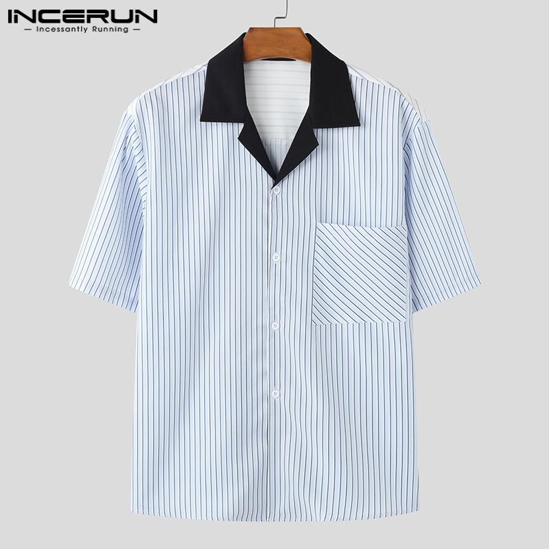 INCERUN Мужские летние свободные рубашки с коротким рукавом в полоску с пуговицами в стиле пэчворк, повседневные рубашки, топы