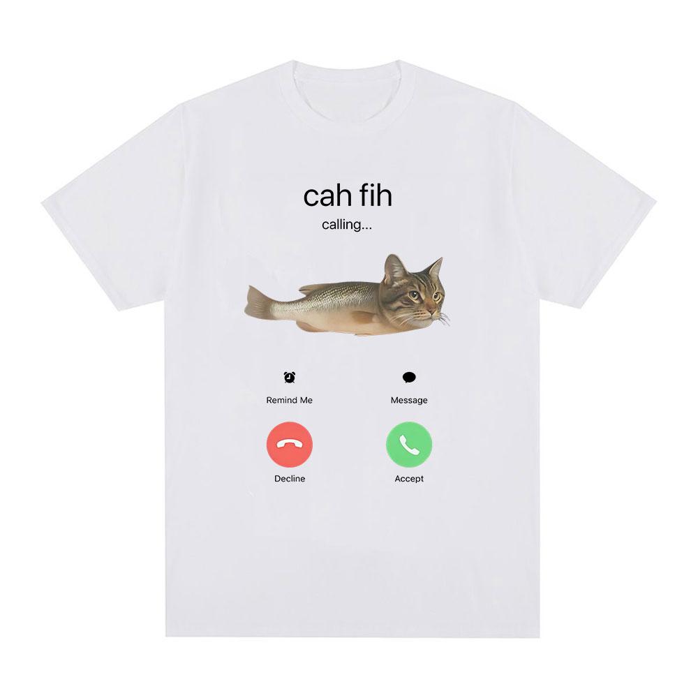 Cah Fih Meme TShirt Funny Calling Cat Fish Hybrid Meme T Shirt Absurd Humor Internet Culture Gift Short Sleeves Tshirts