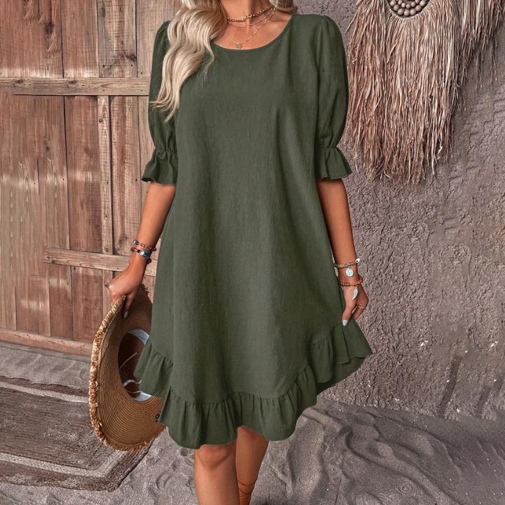 Повседневное среднее свободное хлопково-льняное платье с круглым вырезом на шнуровке